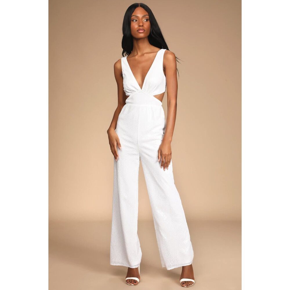 Lulus White Sequin V Neck Cutout Wide Leg Jumpsuit Bridal NWT Size S